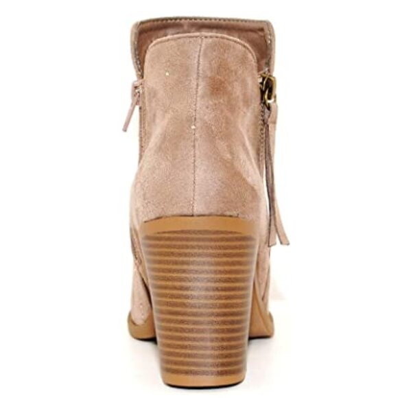 Stacked Chunky Heel Booties Taupe Elevated Suede Ankle Boots | Soft. Neutral - Picture 4 of 5